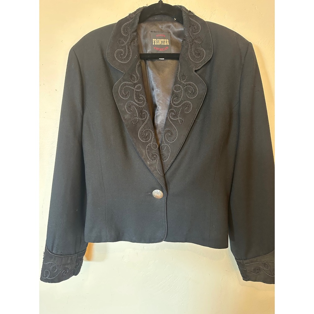 Vintage 80s Western Suede Trimmed Rayon Gabardine Blazer Jacket Concho Buttons L
